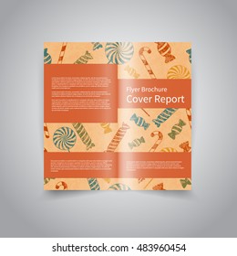 Christmas vector two fold brochure design template with retro colors background with candies. Mock up and back Brochure Design for Merry Christmas and Happy New Year party promotion or invitation