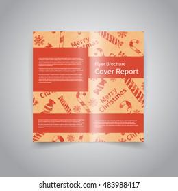 Christmas vector two fold brochure design template with retro background with candies and Merry Christmas text. Brochure Design for Merry Christmas and Happy New Year party promotion or invitation