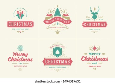 Christmas vector typography ornate labels and badges, happy new year and winter holidays wishes for greeting card, gift and banner, design elements set with decorations ornaments. Vector illustration.