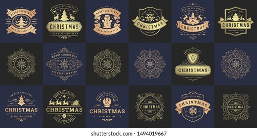 Christmas vector typography ornate labels and badges, happy new year and winter holidays wishes for greeting card, gift and banner, design elements set with decorations ornaments. Vector illustration.