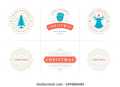 Christmas vector typography ornate labels and badges, happy new year and winter holidays wishes for greeting card, gift and banner, design elements set with decorations ornaments. Vector illustration.