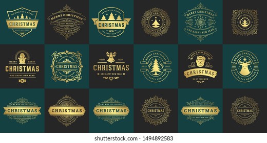 Christmas vector typography ornate labels and badges, happy new year and winter holidays wishes for greeting card, gift and banner, design elements set with decorations ornaments. Vector illustration.