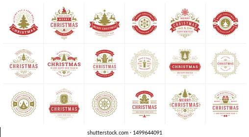 Christmas vector typography ornate labels and badges, happy new year and winter holidays wishes for greeting card, gift and banner, design elements set with decorations ornaments. Vector illustration.