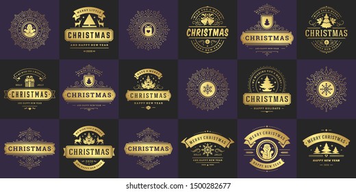 Christmas vector typography ornate labels and badges, happy new year and winter holidays wishes for greeting card, gift and banner, design elements set with decorations ornaments. Vector illustration.