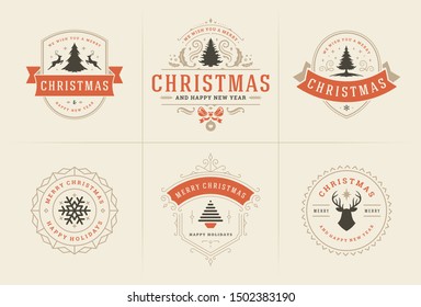 Típografía vectorial de Navidad ornamentación de etiquetas e insignias, feliz año nuevo y vacaciones de invierno deseos de tarjetas de felicitación, regalo y banner, elementos de diseño con adornos decorativos. Ilustración vectorial.