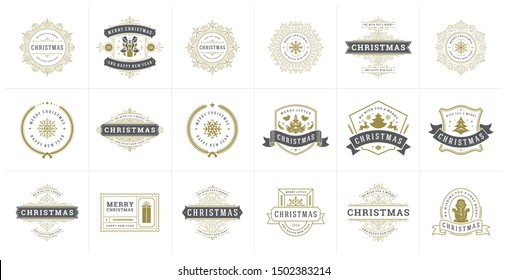 Christmas vector typography ornate labels and badges, happy new year and winter holidays wishes for greeting card, gift and banner, design elements set with decorations ornaments. Vector illustration.