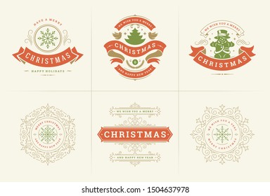Christmas vector typography ornate labels and badges, happy new year and winter holidays wishes for greeting card, gift and banner, design elements set with decorations ornaments. Vector illustration.