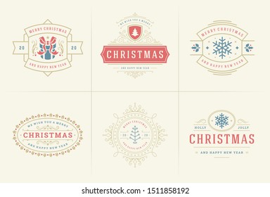 Christmas vector typography ornate labels and badges, happy new year and winter holidays wishes for greeting card, gift and banner, design elements set with decorations ornaments. Vector illustration.
