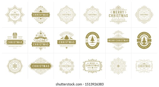 Christmas vector typography ornate labels and badges, happy new year and winter holidays wishes for greeting card, gift and banner, design elements set with decorations ornaments. Vector illustration.
