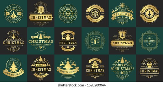 Christmas vector typography ornate labels and badges, happy new year and winter holidays wishes for greeting card, gift and banner, design elements set with decorations ornaments. Vector illustration.