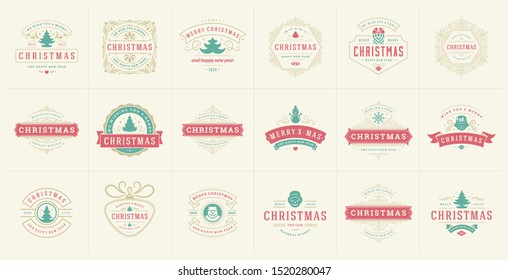 Christmas vector typography ornate labels and badges, happy new year and winter holidays wishes for greeting card, gift and banner, design elements set with decorations ornaments. Vector illustration.