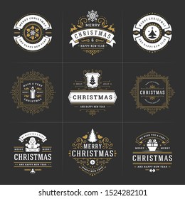 Christmas vector typography ornate labels and badges, happy new year and winter holidays wishes for greeting card, gift and banner, design elements set with decorations ornaments. Vector illustration.