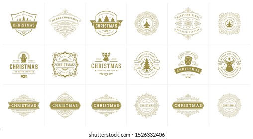 Christmas vector typography ornate labels and badges, happy new year and winter holidays wishes for greeting card, gift and banner, design elements set with decorations ornaments. Vector illustration.