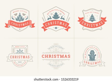 Christmas vector typography ornate labels and badges, happy new year and winter holidays wishes for greeting card, gift and banner, design elements set with decorations ornaments. Vector illustration.