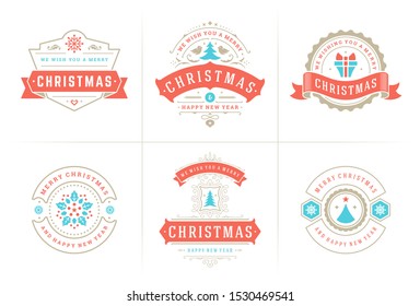 Christmas vector typography ornate labels and badges, happy new year and winter holidays wishes for greeting card, gift and banner, design elements set with decorations ornaments. Vector illustration.