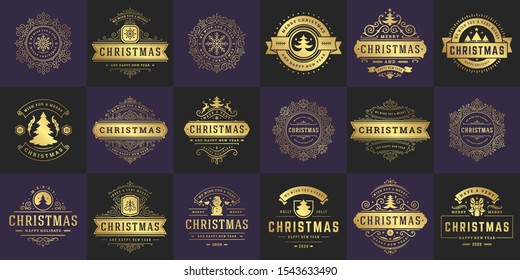 Christmas vector typography ornate labels and badges, happy new year and winter holidays wishes for greeting card, gift and banner, design elements set with decorations ornaments. Vector illustration.