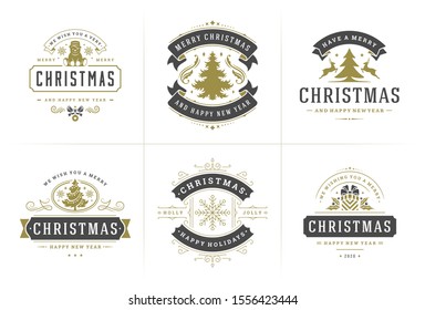 Christmas vector typography ornate labels and badges, happy new year and winter holidays wishes for greeting card, gift and banner, design elements set with decorations ornaments. Vector illustration.