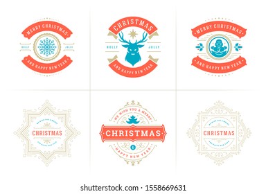 Christmas vector typography ornate labels and badges, happy new year and winter holidays wishes for greeting card, gift and banner, design elements set with decorations ornaments. Vector illustration.