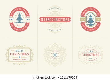 Christmas vector typography ornate labels and badges, happy new year and winter holidays wishes for greeting card, gift and banner, design elements set with decorations ornaments. Vector illustration.