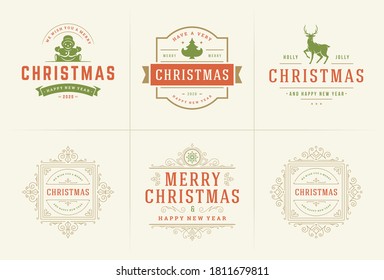 Christmas vector typography ornate labels and badges, happy new year and winter holidays wishes for greeting card, gift and banner, design elements set with decorations ornaments. Vector illustration.