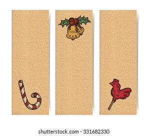 Christmas vector vertical banners set, vintage drawings style on realistic parchment brown paper background