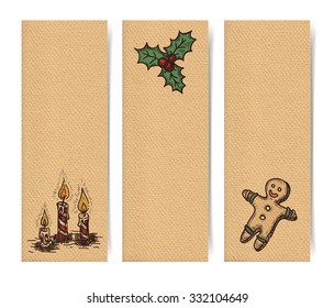 Christmas vector vertical banners set, vintage drawings style on realistic parchment brown paper background
