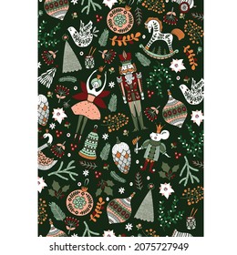 Christmas vector vertical seamless border with Nutcracker and winter florals.  