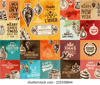 Christmas Vector Vintage Cards Set. Xmas Holiday Design, Engraving Graphic Elements. Typographic Labels for Greeting Cards, Banners and Posters Design. Old Paper Background Texture.