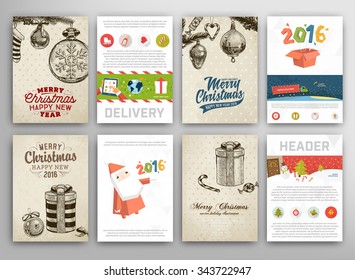 Christmas Vector Vintage Cards Set. Xmas Holiday Design, Graphic Elements. Typographic Labels for Greeting Cards, Banners and Posters Design.