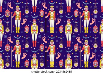 Papel mural vectorial de Navidad Fondo de Nutcracker. Gráfico elegante de misterio. Ballet de invierno festivo. Se utiliza para envolver papel, como textura sin soldadura de superficie, rellenos de patrones, fondo de página web