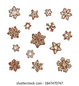 Christmas vector winter Gingerbread Stars Snowflakes. Traditional Festive Hand Drawn in Cartoon Style. For textiles, paper, fabric.