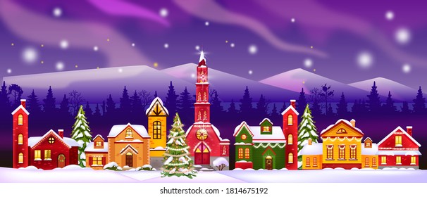 Christmas Vector Winter Houses Illustration With Church, Decorated Facades, Forest Silhouette, Night Sky. Holiday X-mas Happy New Year Background With Night Village Landscape. Christmas Houses Banner