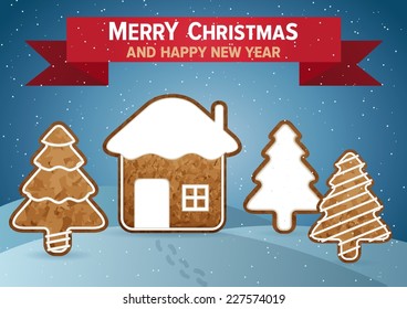 Christmas vector wish card with gingerbread house and trees