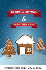 Christmas vector wish card with gingerbread house and trees