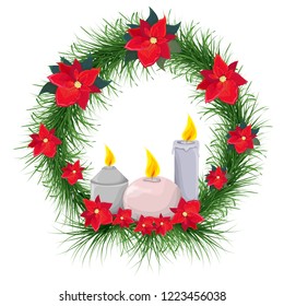 Christmas vector wreath of fir branches and poinsettia. Christmas candles and poinsettias. All elements are isolated