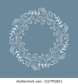 Christmas vector wreath with flowers and cone branches with place for text. Isolated xmas illustration for greeting card, poster and web