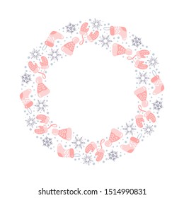 Christmas vector wreath with pink xmas elements with place for text. Isolated Happy New Year illustration for greeting card, poster