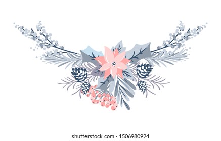 Christmas vector wreath and red berries on evergreen branches with place for text. Isolated xmas illustration for greeting card