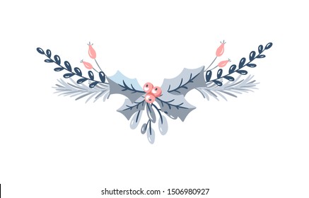 Christmas vector wreath and red berries on evergreen branches with place for text. Isolated xmas illustration for greeting card