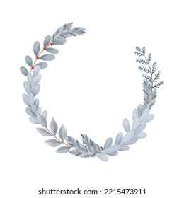 Christmas vector wreath. Winter children illustration. Laurel wreath with blue fir branches and leaves. Perfect for wedding invitations, home decor, print, postcards, baby shower