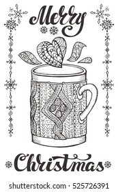 Christmas vector.Hand drawn cup of hot tea or coffee,knitted decoration.Doodle Outline. Vintage winter,new year sketch, Illustration..Ornamental decor.Holiday season card, cafe menu.