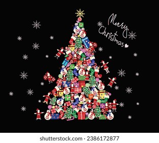 Christmas vectors, Christmas wallpaper in black night Christmas concept with the colorful Xmas tree created by Santa Claus, snowman, snowflake, gift boxes, candies, Xmas socks.