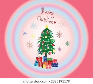 Christmas vectors, wallpaper for decorated Christmas tree surrounded by many gifts with colorful snowflake and pastel Christmas background including with "Merry Christmas" text vector.