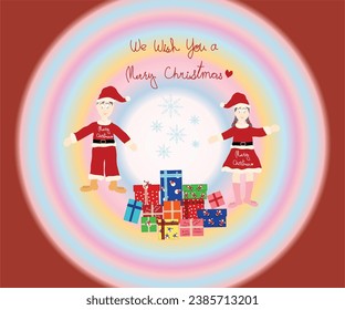 Christmas vectors, Christmas wallpaper for girl and boy in Santa Claus suit with many gifts and snowflake including "We wish you a Merry Christmas" text vector. 