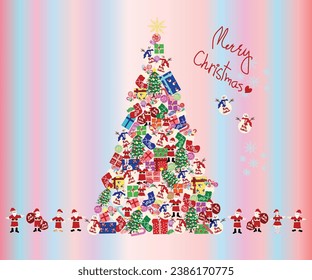 Christmas vectors, wallpaper for Christmas tree created from Santa Claus, snowman, gift boxes, sweet, candies, Xmas socks and snowflake under the concept of colorful and joyful Christmas.