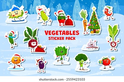 Christmas vegetable characters stickers pack. Cartoon vector veggies enjoying winter activities and holiday festivities with snow, gifts, snowboard, Xmas tree, sleds, skis and cheerful expressions