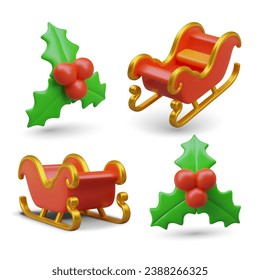 Christmas vehicle, winterberry. Natural decorative winter element. Set of vector objects in different positions. New Year icons, illustrations for dynamic design