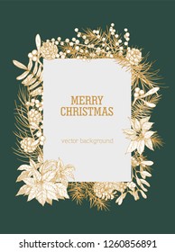 Christmas vertical background decorated by branches and cones of coniferous trees, berries and leaves of winter holiday plants hand drawn with contour lines. Realistic natural vector illustration.