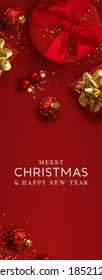 Christmas vertical backgrounds, xmas poster, web banner. Holiday templates cover for social networks, design for and stories. Realistic 3d decorative objects. Happy New year. vector illustration