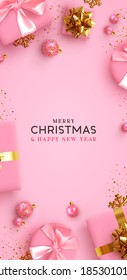 Christmas vertical backgrounds, xmas poster, web banner. Holiday templates cover for social networks, design for and stories. Realistic 3d decorative objects. Happy New year. vector illustration